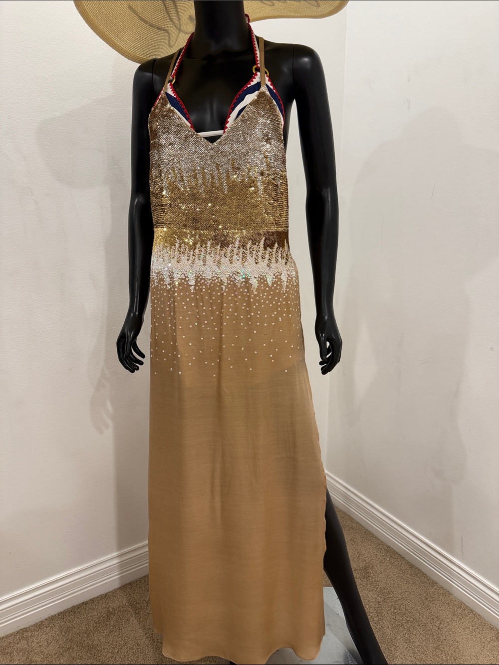 Beach Bunny Gold Sequin Ombre Maxi Cover Up Dress Size S/M Glam Resort Partypool